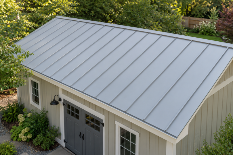 Pale gray standing-seam metal roof on a cream garden workshop surrounded by trees