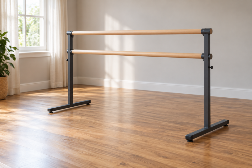 Generic double wooden ballet barre with dark metal uprights and T-shaped feet in an empty sunlit room
