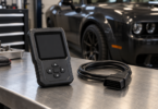 An unbranded handheld device with a blank screen and a coiled diagnostic cable on a garage workbench, with a dark car in the background.