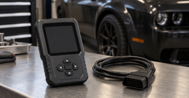 An unbranded handheld device with a blank screen and a coiled diagnostic cable on a garage workbench, with a dark car in the background.