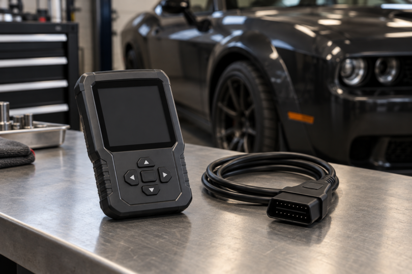 An unbranded handheld device with a blank screen and a coiled diagnostic cable on a garage workbench, with a dark car in the background.