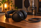 Black wired over-ear headphones and a coiled cable on a wooden desk, with a microphone and round pop filter behind them.
