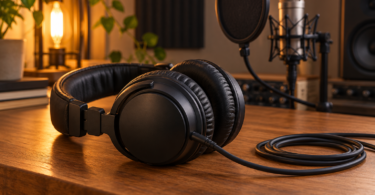 Black wired over-ear headphones and a coiled cable on a wooden desk, with a microphone and round pop filter behind them.