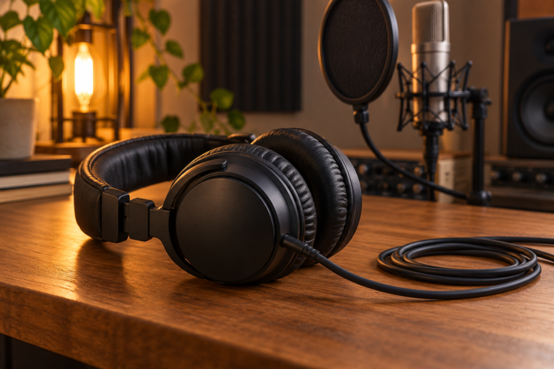 Black wired over-ear headphones and a coiled cable on a wooden desk, with a microphone and round pop filter behind them.