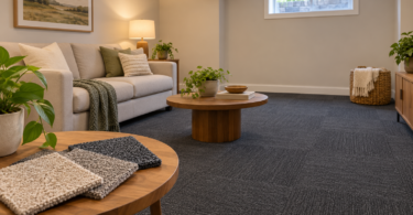 Three neutral carpet swatches on a wooden table in a sitting room with a sofa, high window and dark square-patterned carpet floor.
