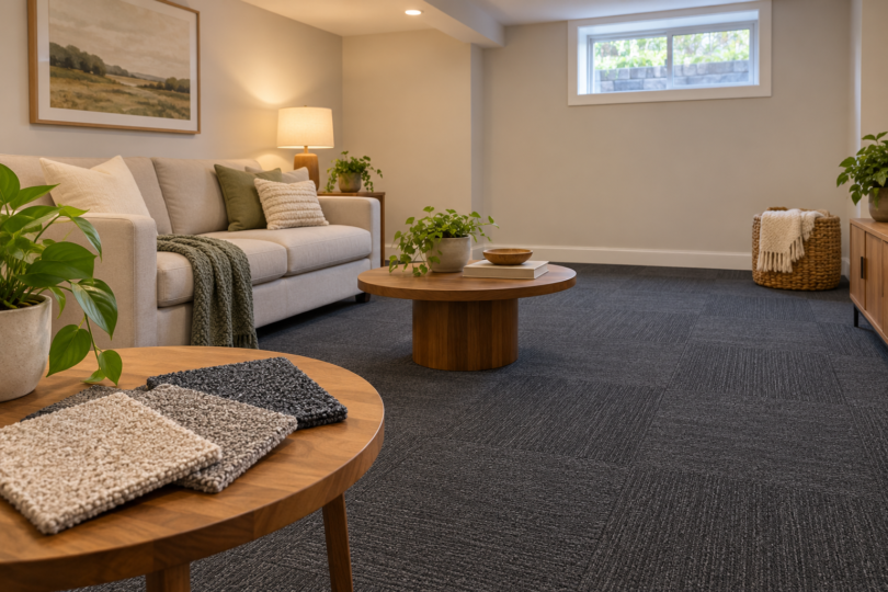 Three neutral carpet swatches on a wooden table in a sitting room with a sofa, high window and dark square-patterned carpet floor.