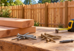 Generic silver and tan-coated wood screws beside timber boards, a driver bit and tape measure, with a wooden fence behind