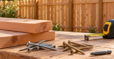 Generic silver and tan-coated wood screws beside timber boards, a driver bit and tape measure, with a wooden fence behind