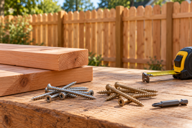 Generic silver and tan-coated wood screws beside timber boards, a driver bit and tape measure, with a wooden fence behind