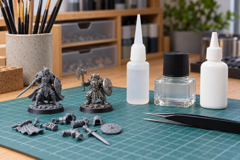 Generic miniature figures, loose model parts and three closed adhesive bottles on a cutting mat beside tweezers