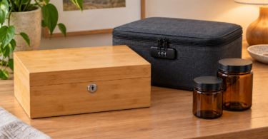 A closed bamboo box with a keyhole, a closed charcoal fabric case with a combination lock, and two empty amber jars on a wooden table.
