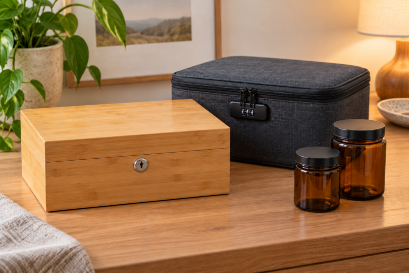 A closed bamboo box with a keyhole, a closed charcoal fabric case with a combination lock, and two empty amber jars on a wooden table.