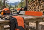 An unbranded chainsaw with a covered guide bar rests on a wooden bench beside a helmet, gloves, protective chaps and stacked firewood.