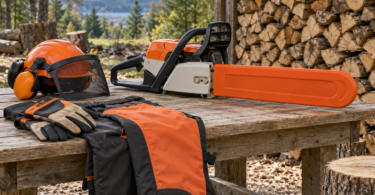 An unbranded chainsaw with a covered guide bar rests on a wooden bench beside a helmet, gloves, protective chaps and stacked firewood.