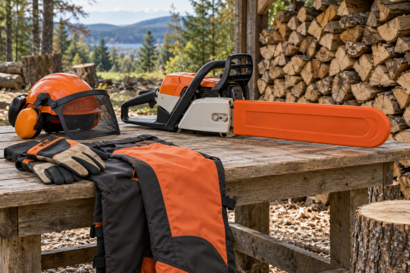 An unbranded chainsaw with a covered guide bar rests on a wooden bench beside a helmet, gloves, protective chaps and stacked firewood.