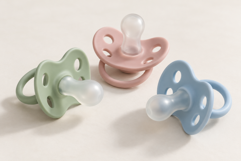 Three unbranded pacifiers in sage green, dusty pink and pale blue on a clean cream surface.