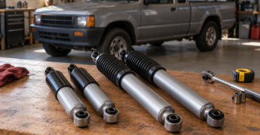 Four gray and black shock absorbers lie on a wooden workbench with tools and a compact pickup in the background.