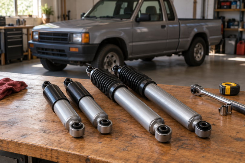 Four gray and black shock absorbers lie on a wooden workbench with tools and a compact pickup in the background.
