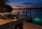 A headlamp, coiled cable and tackle box on a wooden bench beside fishing rods and green-lit water at dusk.
