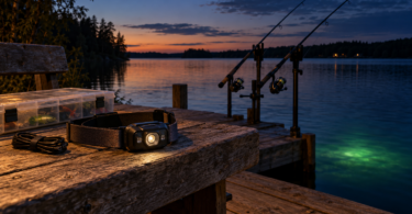 A headlamp, coiled cable and tackle box on a wooden bench beside fishing rods and green-lit water at dusk.