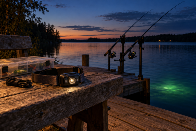 A headlamp, coiled cable and tackle box on a wooden bench beside fishing rods and green-lit water at dusk.
