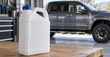 An unmarked white jug with a blue cap on a garage workbench, with a pickup truck behind it.
