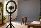 A ring light and horizontally mounted phone on a stand face a gray backdrop and stool in a home recording space.