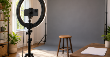 A ring light and horizontally mounted phone on a stand face a gray backdrop and stool in a home recording space.
