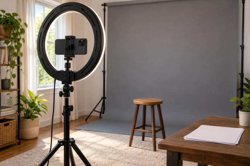 A ring light and horizontally mounted phone on a stand face a gray backdrop and stool in a home recording space.