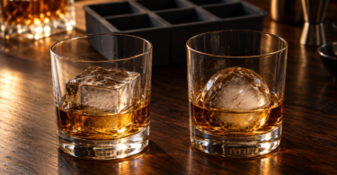 Two lowball glasses with amber drinks, one holding a large ice cube and the other an ice sphere, beside a dark ice tray.