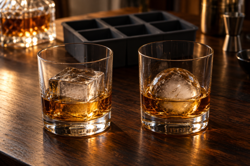 Two lowball glasses with amber drinks, one holding a large ice cube and the other an ice sphere, beside a dark ice tray.