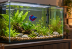 Blue and red betta in a planted rectangular aquarium with a heater, thermometer and glass lid