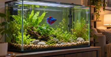 Blue and red betta in a planted rectangular aquarium with a heater, thermometer and glass lid