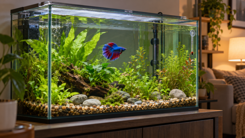 Blue and red betta in a planted rectangular aquarium with a heater, thermometer and glass lid