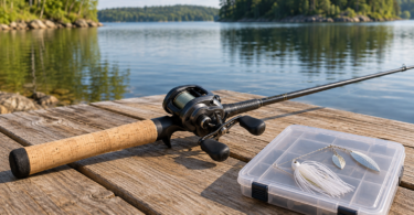 Unbranded casting rod and baitcasting reel beside a translucent tackle box with a white-skirted spinnerbait on its lid on a lakeside dock