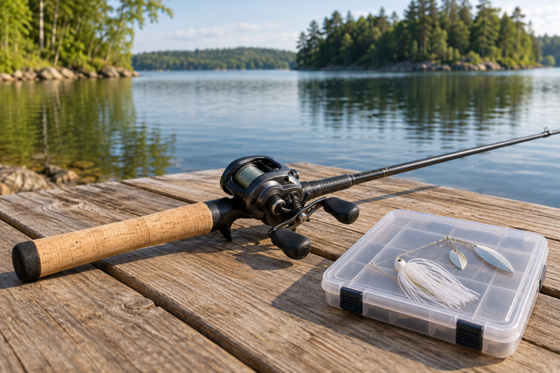 Unbranded casting rod and baitcasting reel beside a translucent tackle box with a white-skirted spinnerbait on its lid on a lakeside dock