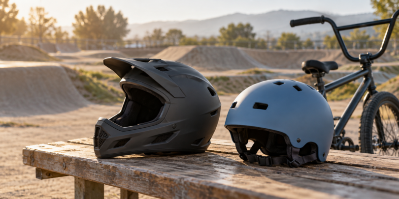 Charcoal full-face helmet and blue open-face helmet on a bench beside a BMX bicycle and dirt track