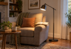 Adjustable floor lamp lighting an open book on an armchair beside a small table