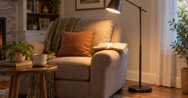 Adjustable floor lamp lighting an open book on an armchair beside a small table