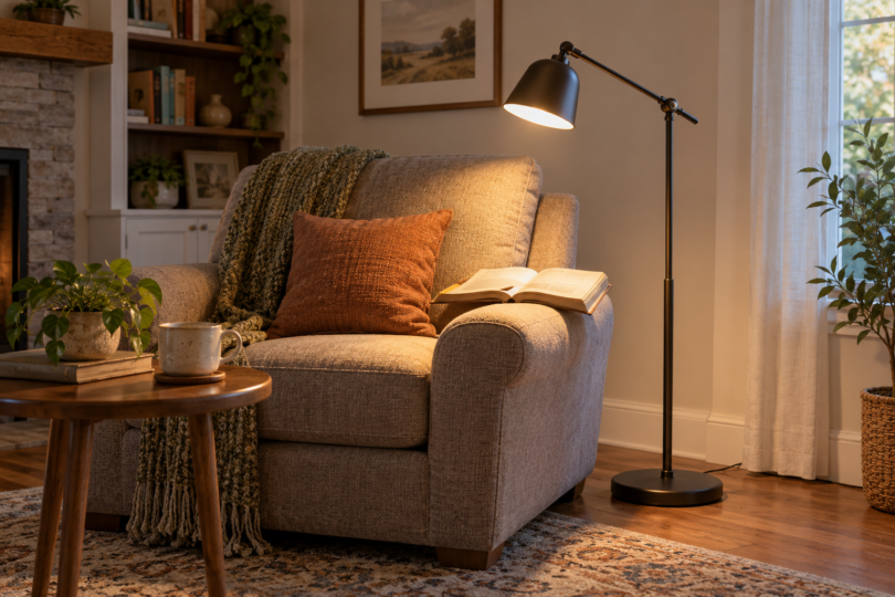 Adjustable floor lamp lighting an open book on an armchair beside a small table