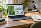 Laptop displaying a leaf image and simple charts beside a notebook, with plants and a microscope in the background