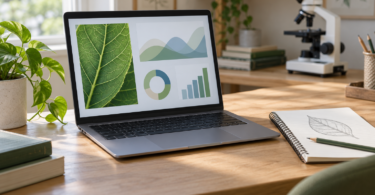 Laptop displaying a leaf image and simple charts beside a notebook, with plants and a microscope in the background