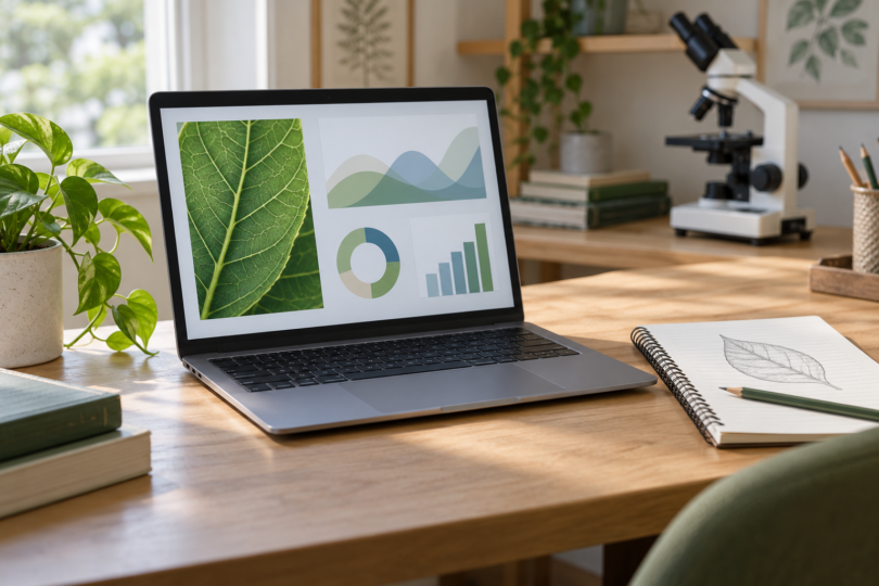 Laptop displaying a leaf image and simple charts beside a notebook, with plants and a microscope in the background