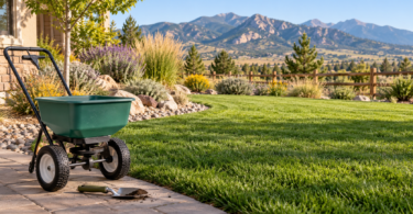 Unbranded lawn spreader and trowel beside a green lawn, dry garden bed and distant mountains