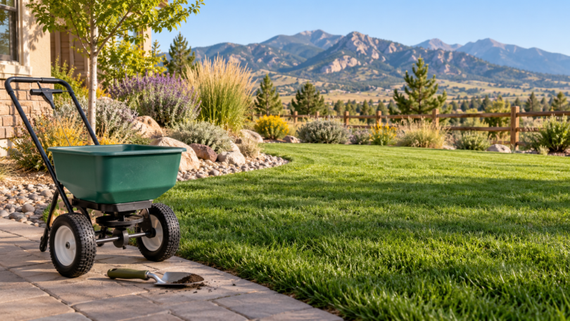 Unbranded lawn spreader and trowel beside a green lawn, dry garden bed and distant mountains