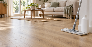 Microfiber mop and plain white bottle beside a light wood-look floor in a living room