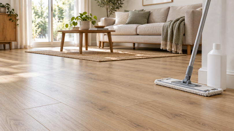 Microfiber mop and plain white bottle beside a light wood-look floor in a living room