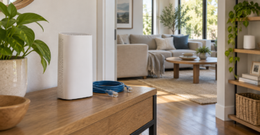 Two unbranded white network devices in a bright home with a blue Ethernet cable on a hallway console