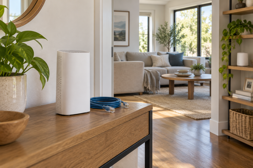 Two unbranded white network devices in a bright home with a blue Ethernet cable on a hallway console