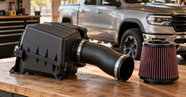 Black airbox, intake tube and pleated filter on a workbench with a silver pickup behind them